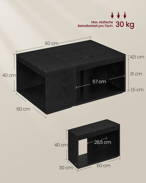 Rootz 3 Piece Coffee Table Set - Storage Tables - Ebony Black - Chipboard - 30cm x 60cm x 40cm - Total 23.8kg Weight - 90kg Total Capacity