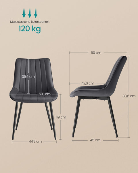 Rootz Dining Room Chair Set of 2 - Dining Chairs - Kitchen Chairs - Durable Steel Legs - 60cm x 50.1cm x 88.6cm - Grey