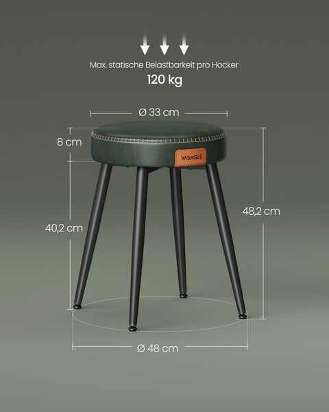 Rootz Forest Green Steel Bar Chair Set - Counter Stool - Kitchen Stool - 58D Molded Foam - PU Synthetic Leather - Plywood - 48cm x 48cm x 48.2cm - Lightweight - Sturdy - Easy Assembly