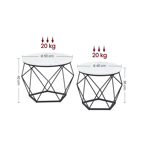 Rootz 2 Piece Set Side Tables - White-Black Chipboard Steel Tables - Large Small Tables - Lightweight Durable Design - Easy Assembly - 50cm x 40cm x 40cm - 40cm x 36cm x 36cm