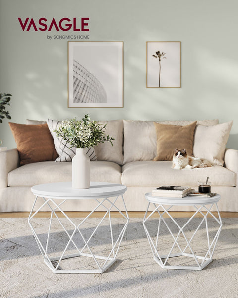 Rootz 2 Piece Set Side Tables - Snow White Cloud White - Chipboard Steel - Lightweight - Easy Assembly - Stylish Design - 50cm x 40cm x 40cm - 40cm x 36cm x 36cm