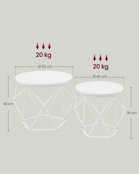Rootz 2 Piece Set Side Tables - Snow White Cloud White - Chipboard Steel - Lightweight - Easy Assembly - Stylish Design - 50cm x 40cm x 40cm - 40cm x 36cm x 36cm