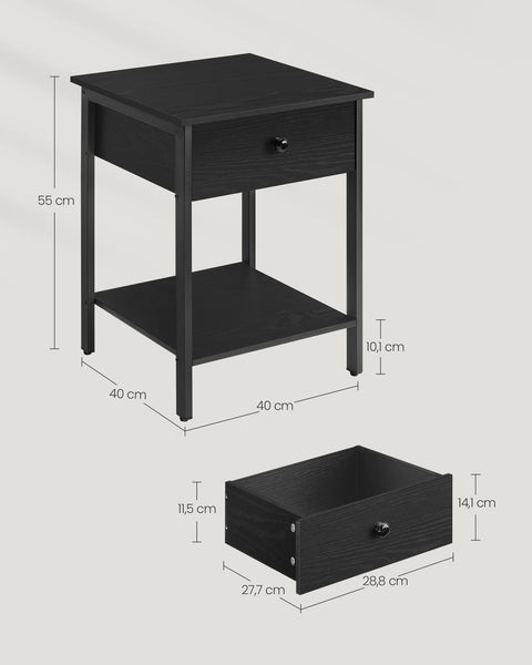 Rootz Ebony Black Bedside Table - Nightstand - Chipboard Steel - 40cm x 40cm x 55cm - Max. 40kg Load Capacity - Drawer Shelf - Easy Assembly