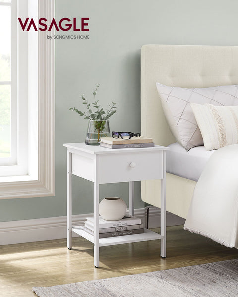 Rootz Matte White Bedside Table - Nightstand - End Table - Chipboard and Steel Construction - 40cm x 40cm x 55cm - 9kg - 20kg Surface Capacity - 10kg Drawer Capacity - 10kg Shelf Capacity - 40kg Total Capacity