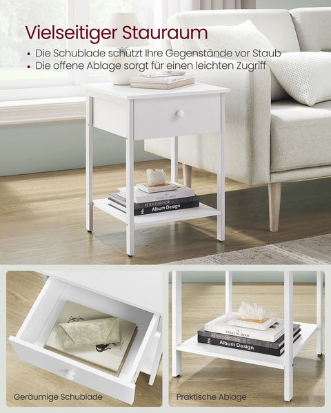 Rootz Matte White Bedside Table - Nightstand - End Table - Chipboard and Steel Construction - 40cm x 40cm x 55cm - 9kg - 20kg Surface Capacity - 10kg Drawer Capacity - 10kg Shelf Capacity - 40kg Total Capacity