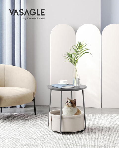 Rootz 3 Piece Set Side Table - Fabric Basket - Storage Organizer - Chipboard Steel Polyester - Cement Gray Cloud White - 45cm x 50cm x 50cm - 39.6cm x 18.2cm x 18.2cm - Lightweight - Durable - Easy Assembly