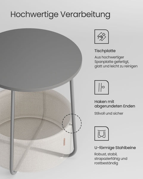 Rootz 3 Piece Set Side Table - Fabric Basket - Storage Organizer - Chipboard Steel Polyester - Cement Gray Cloud White - 45cm x 50cm x 50cm - 39.6cm x 18.2cm x 18.2cm - Lightweight - Durable - Easy Assembly
