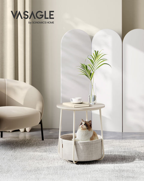 Rootz 3 Piece Set Side Table - Beige Table - Chipboard Steel Polyester - Storage Basket - Lightweight - Sturdy Construction - 45cm x 50cm x 50cm