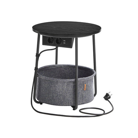 Rootz Side Table with Charging Station - Socket - Black- Grey - Chipboard Steel Polyester - 45cm x 50cm - 4.4kg - 35kg Capacity