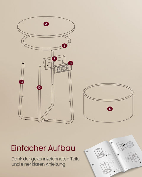 Rootz 3 Piece Set Side Table - End Table - Nightstand - Chipboard Steel Polyester Fabric - Matt White Camel Brown - 45cm x 50cm x 50cm - 39.6cm x 18.2cm x 18.2cm - 4.4kg - 35kg Max Load Capacity