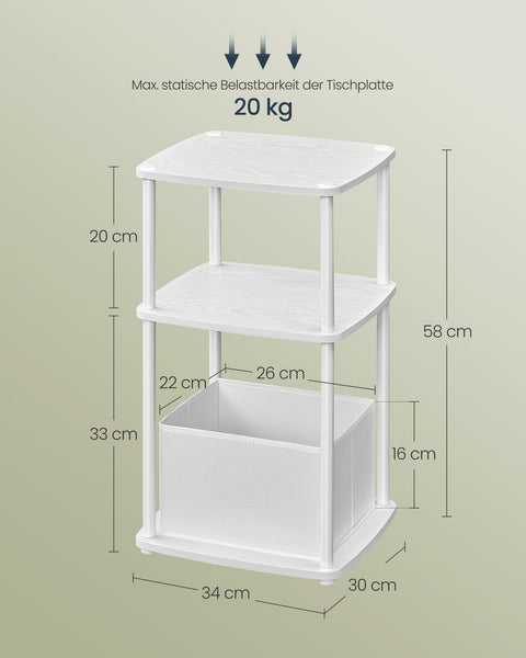 Rootz White Side Table - 3 Tier Shelves - End Table - Compact Design - 30 x 34 x 58 cm - Particle Board & Steel