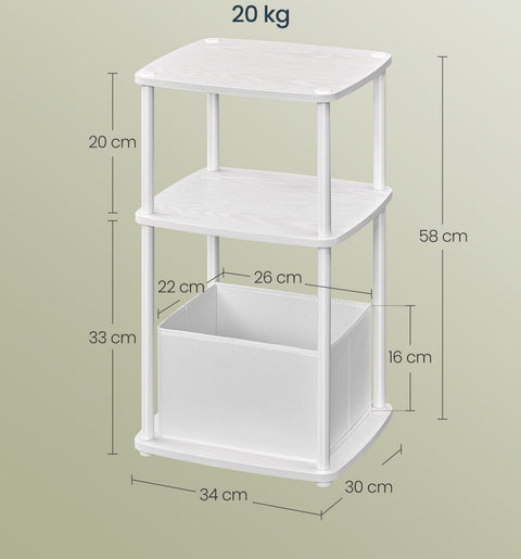 Rootz 3 Shelf Side Table - Snow White - Particle Board Steel Construction - Fabric Basket - 30cm x 34cm x 58cm - Oxford Cloth - 3.7kg