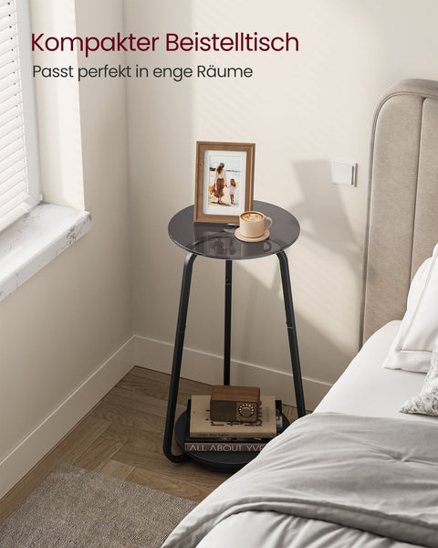 Rootz Round Side Table - End Table - 2 Tier Side Table - Chipboard Steel - Tempered Glass - Slate Gray - 30cm Diameter x 55cm Height