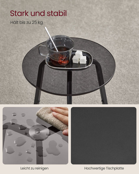 Rootz Round Side Table - End Table - 2 Tier Side Table - Chipboard Steel - Tempered Glass - Slate Gray - 30cm Diameter x 55cm Height