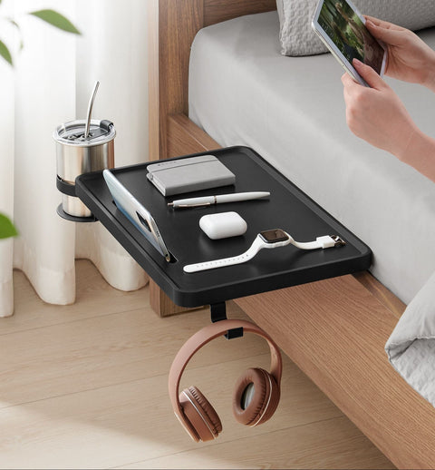 Rootz Hanging Bedside Table - Clip-On Nightstand - Bed Shelf with Cup Holder - Space-Saving Design - Ink Black - 27cm x 37.8cm x 7.9cm
