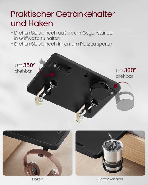 Rootz Hanging Bedside Table - Clip-On Nightstand - Bed Shelf with Cup Holder - Space-Saving Design - Ink Black - 27cm x 37.8cm x 7.9cm