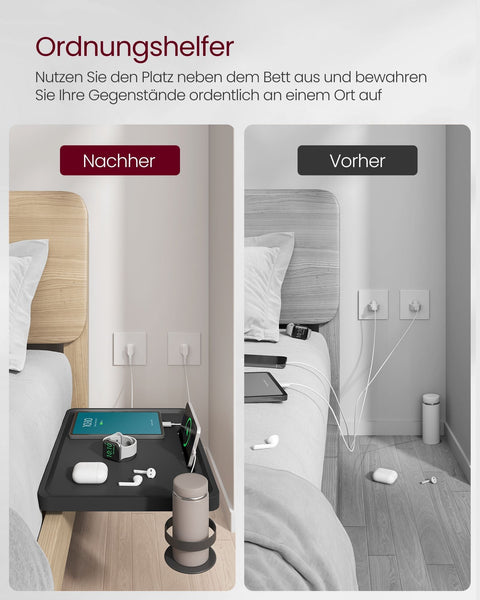 Rootz Hanging Bedside Table - Clip-On Nightstand - Bed Shelf with Cup Holder - Space-Saving Design - Ink Black - 27cm x 37.8cm x 7.9cm
