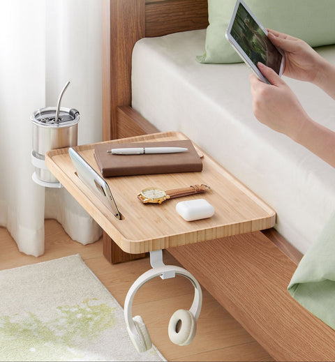 Rootz Hanging Bedside Table - Bed Tray - Nightstand - Bamboo & Metal - 27cm x 37.8cm x 7.9cm - Includes Cup Holder - Brown