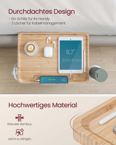 Rootz Hanging Bedside Table - Bed Tray - Nightstand - Bamboo & Metal - 27cm x 37.8cm x 7.9cm - Includes Cup Holder - Brown