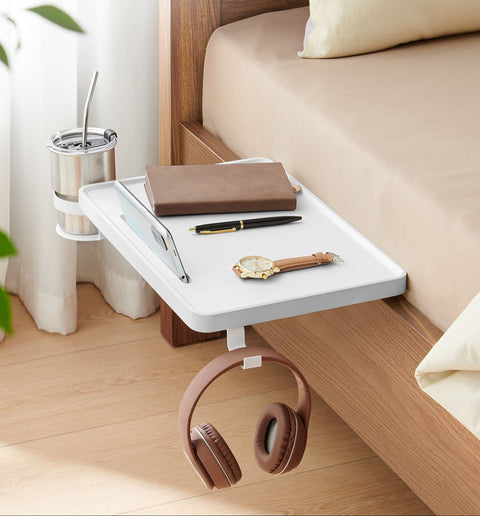 Rootz Hanging Bedside Table - Floating Shelf - Bed Tray - Cup Holder - Bamboo & Metal - 27cm x 37.8cm x 7.9cm - White