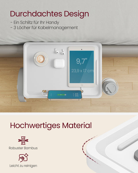 Rootz Hanging Bedside Table - Floating Shelf - Bed Tray - Cup Holder - Bamboo & Metal - 27cm x 37.8cm x 7.9cm - White