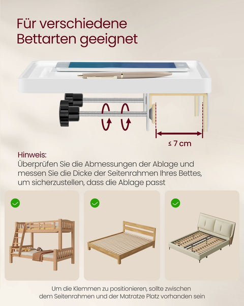 Rootz Hanging Bedside Table - Floating Shelf - Bed Tray - Cup Holder - Bamboo & Metal - 27cm x 37.8cm x 7.9cm - White
