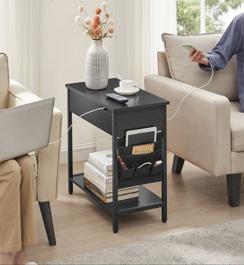 Rootz Side Table with Socket - End Table - Accent Table - Integrated USB Ports - Sturdy Chipboard - 60cm x 31.5cm x 60cm