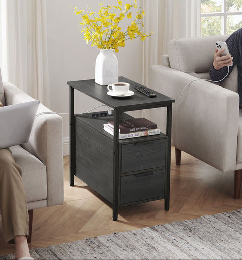 Rootz Side Table with Power Strip - Bedside Table - End Table - Convenient Storage - 60 x 35 x 61 cm