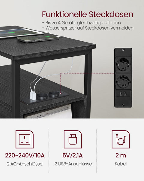 Rootz Side Table with Power Strip - Bedside Table - End Table - Convenient Storage - 60 x 35 x 61 cm