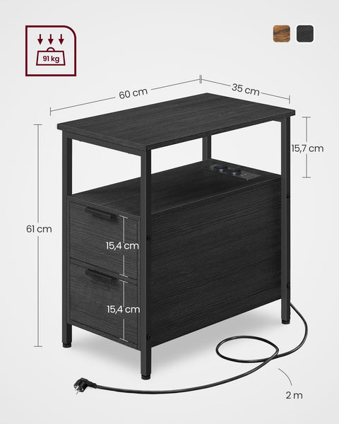 Rootz Side Table with Power Strip - Bedside Table - End Table - Convenient Storage - 60 x 35 x 61 cm