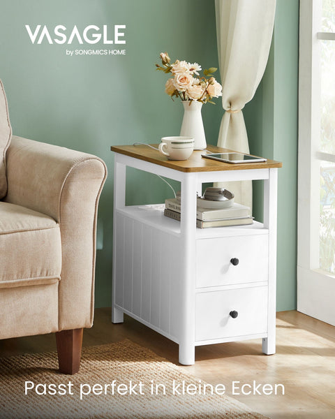 Rootz Side Table with Power Strip - End Table - Nightstand - Wood Chipboard - MDF - Walnut Brown-White - 60cm x 35cm x 60cm - 17kg - 90kg Max Load Capacity