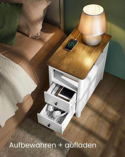 Rootz Side Table with Power Strip - End Table - Nightstand - Wood Chipboard - MDF - Walnut Brown-White - 60cm x 35cm x 60cm - 17kg - 90kg Max Load Capacity