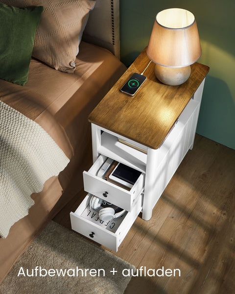 Rootz Narrow Side Table - Accent Table - End Table - Built-in Power Strip - 60cm x 35cm x 60cm - Brown & White