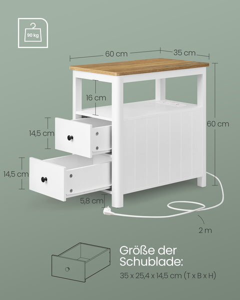 Rootz Side Table with Power Strip - End Table - Nightstand - Wood Chipboard - MDF - Walnut Brown-White - 60cm x 35cm x 60cm - 17kg - 90kg Max Load Capacity