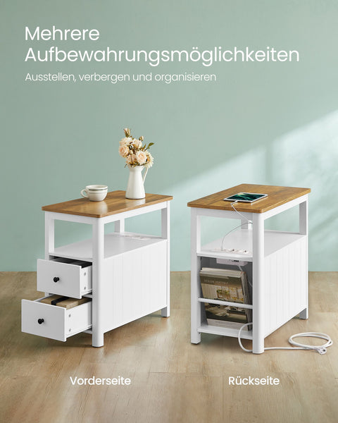 Rootz Narrow Side Table - Accent Table - End Table - Built-in Power Strip - 60cm x 35cm x 60cm - Brown & White