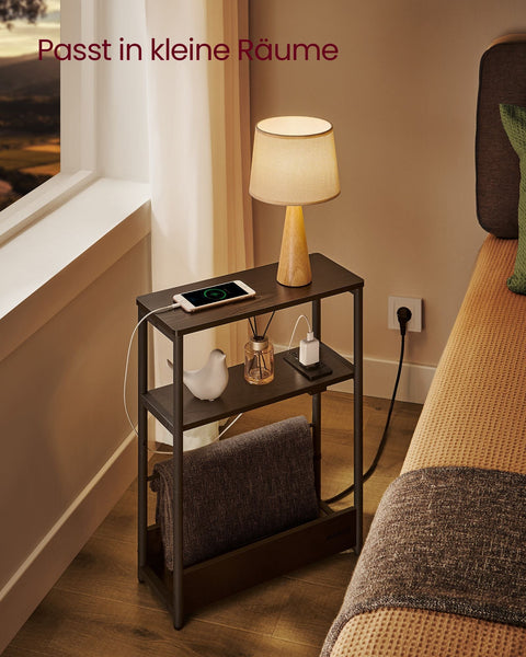 Rootz Bedside Table with Socket - Nightstand - End Table - Chipboard Steel - 18cm x 45cm x 58cm - Ebony Black-Ink Black - Cable Management - Easy Assembly - Sturdy Construction