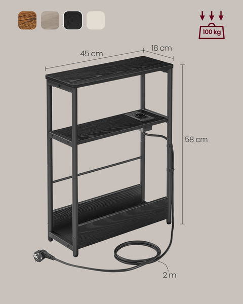 Rootz Bedside Table with Socket - Nightstand - End Table - Chipboard Steel - 18cm x 45cm x 58cm - Ebony Black-Ink Black - Cable Management - Easy Assembly - Sturdy Construction