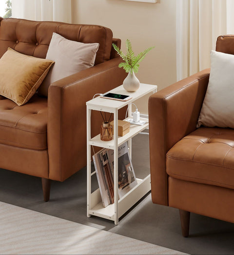 Rootz Side Table with 3 Shelves - Narrow Accent Table - White End Table - Space-Saving Design - 18x45x58cm