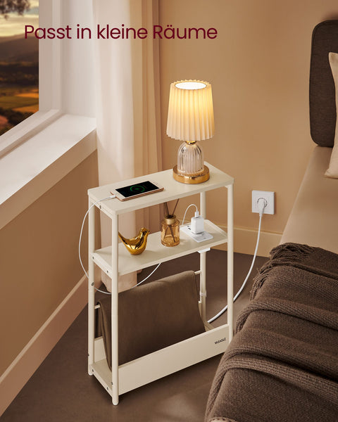 Rootz Bedside Table with Socket - Nightstand - End Table - Chipboard Steel - Cable Management - Easy Assembly - Cream White - 18cm x 45cm x 58cm