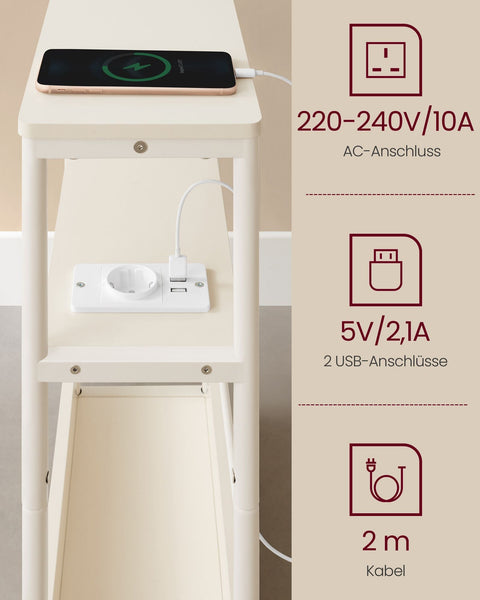 Rootz Bedside Table with Socket - Nightstand - End Table - Chipboard Steel - Cable Management - Easy Assembly - Cream White - 18cm x 45cm x 58cm