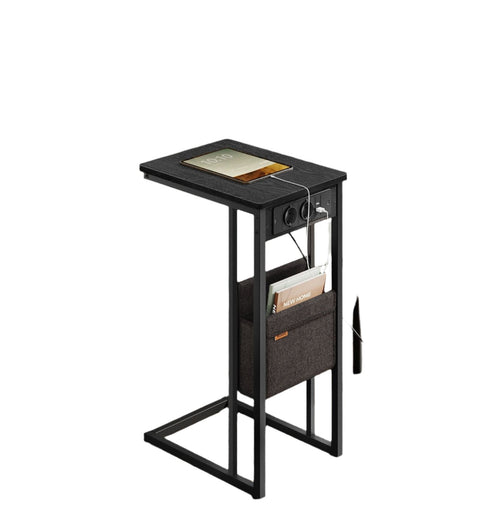Rootz C-Shaped Side Table with Sockets -  Black Accent Table - End Table - AC Sockets - 30x40x62cm