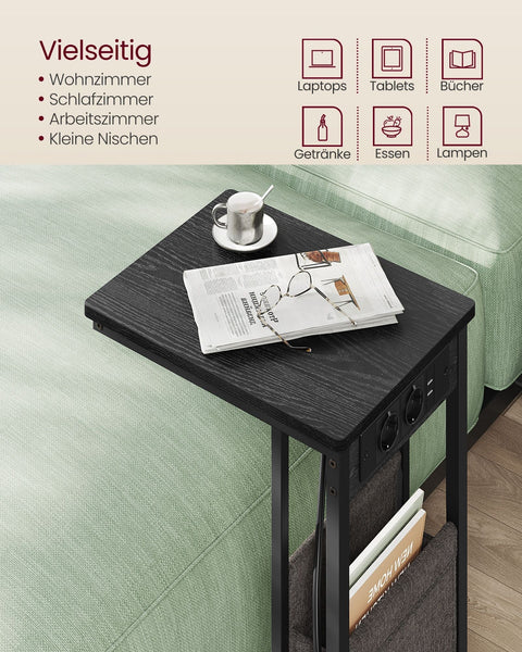 Rootz C-Shaped Side Table with Sockets -  Black Accent Table - End Table - AC Sockets - 30x40x62cm