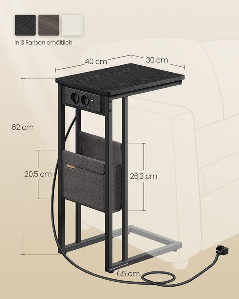 Rootz C-Shaped Side Table with Sockets -  Black Accent Table - End Table - AC Sockets - 30x40x62cm