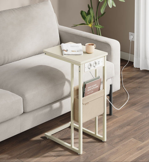 Rootz C-Shaped Side Table - End Table - Accent Table - 2 AC Sockets -  White - 30cm x 40cm x 62cm