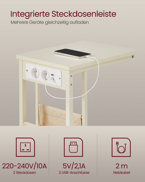 Rootz C-Shaped Side Table - End Table - Accent Table - 2 AC Sockets -  White - 30cm x 40cm x 62cm