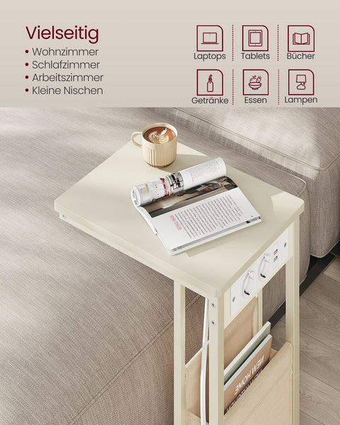 Rootz C-Shaped Side Table - End Table - Accent Table - 2 AC Sockets -  White - 30cm x 40cm x 62cm