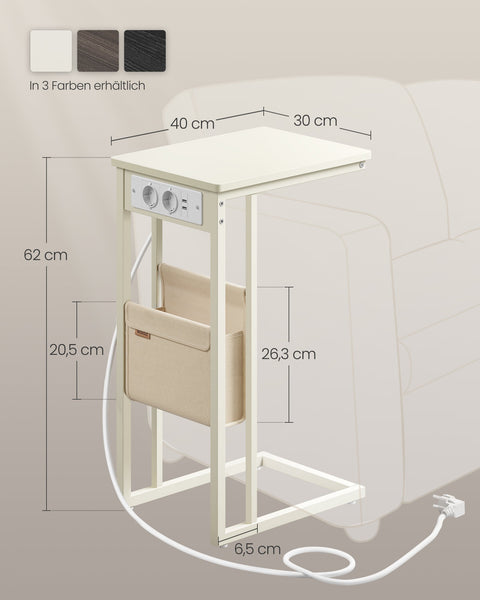 Rootz C-Shaped Side Table - End Table - Accent Table - 2 AC Sockets -  White - 30cm x 40cm x 62cm