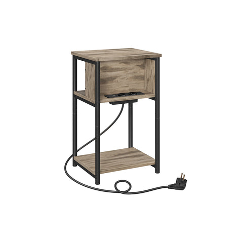 Rootz Side Table with Socket - End Table - Nightstand - Chipboard and Steel - Hazelnut Brown-Black - 30cm x 34cm x 58cm