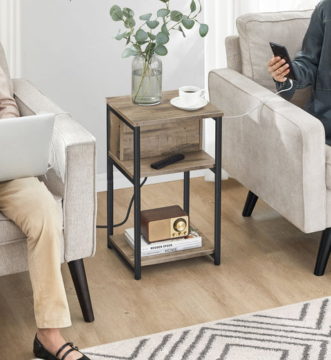 Rootz Side Table with Socket - End Table - Nightstand - Chipboard and Steel - Hazelnut Brown-Black - 30cm x 34cm x 58cm