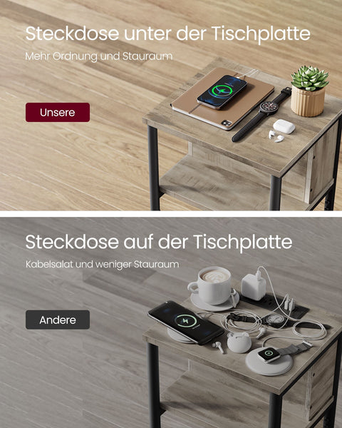 Rootz Side Table with Socket - End Table - Nightstand - Chipboard and Steel - Hazelnut Brown-Black - 30cm x 34cm x 58cm